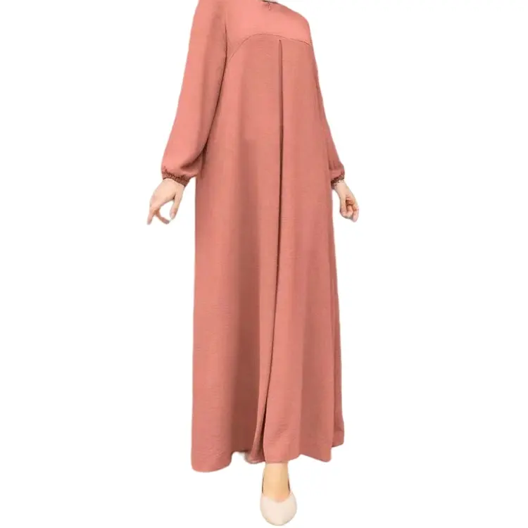 Effen Kleur Ijs Zijde Traditionele Moslim Gewaad Met Geplooide Bubble Mouwen Zijzakken Ademende Moslim Abaya