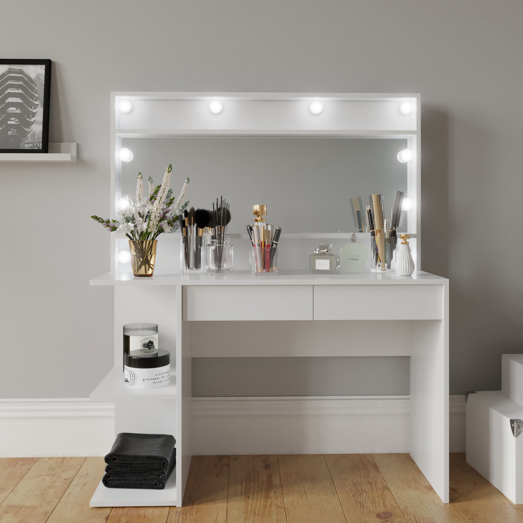 White Dressing Table with Light Bulbs with 2 Drawers and 3 Shelves
