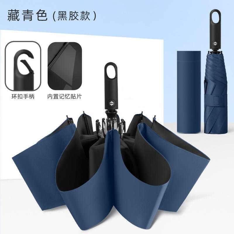 Parapluie noir bleu marine à boucle à anneau, automatique et sans pliage.