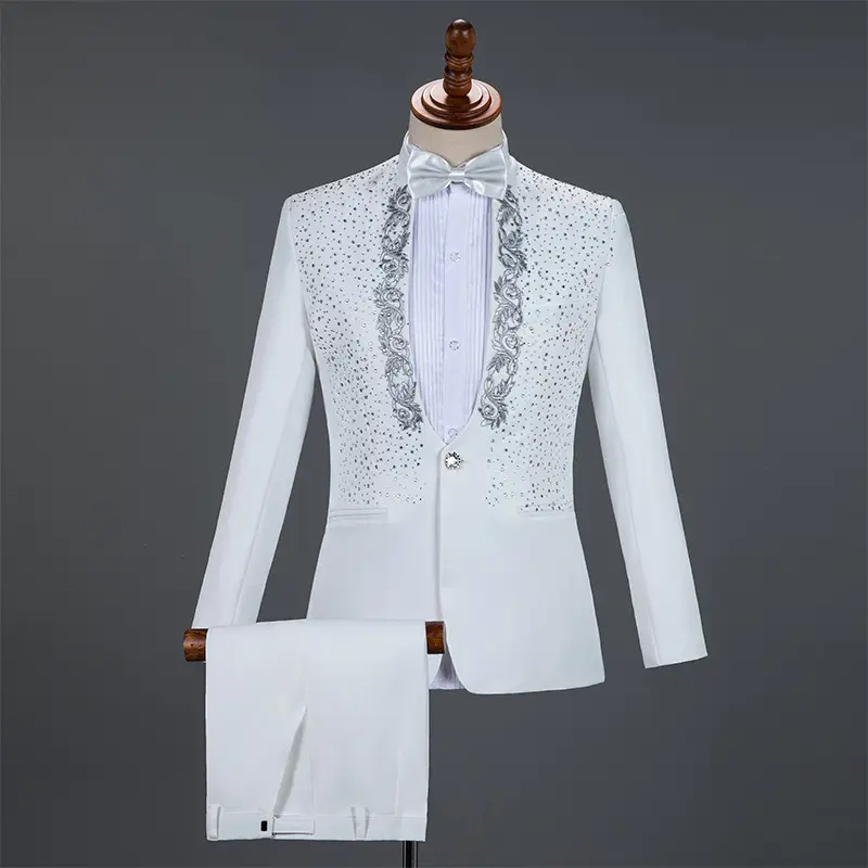 Conjunto de chaqueta y pantalones de boda para hombre, traje de 2 piezas con cuello levantado y lentejuelas, para cantante y presentador