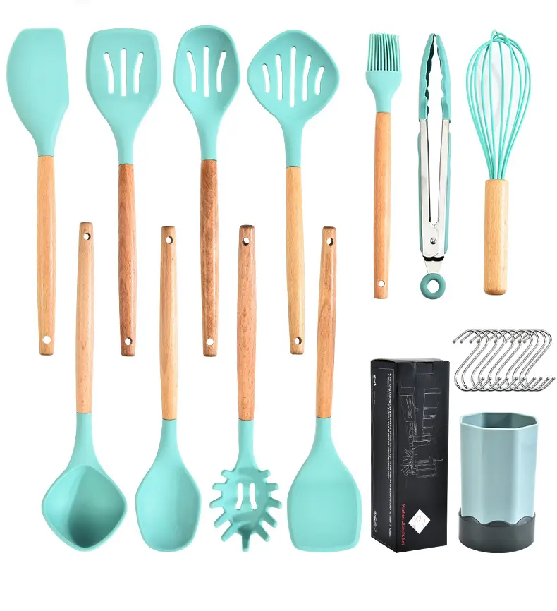 BPA Free 12Pcs Heat Resistant Silicone Kitchen Utensils Set with Wooden Handle, Kitchen Gadgets Cooking Tools Set for Cookie