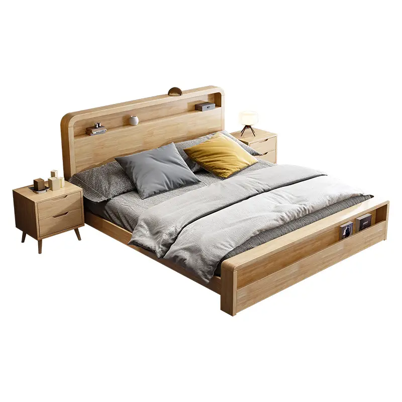 Camas de plataforma con marco de cama de madera maciza Natural de diseño contemporáneo para cama de madera de tamaño completo King Queen