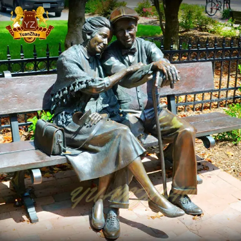 Outdoor Garden Decoration Bronze Bench Sculpture Life Size Man And Woman Love Old Couple Statues Sitting On Bench Sculptures