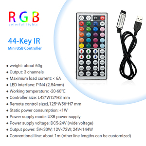 Mini USB 5V <strong>IR</strong> RGB Controller 6A 3-Channel PWM Signal Dimmer with 44-Key Wireless Remote for 4-Pin Color <strong>LED</strong> Tape Light <strong>Strip</strong>