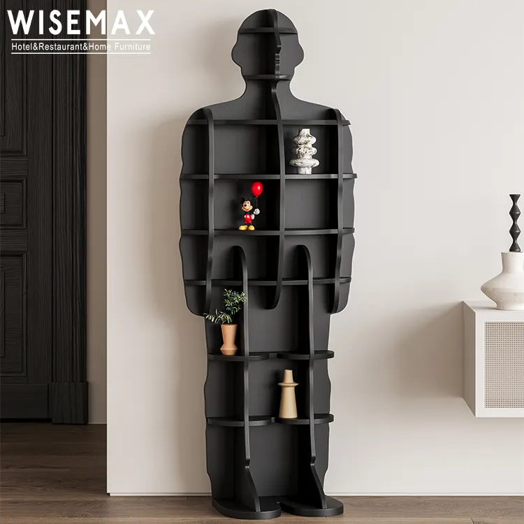 Wisemax đồ nội thất phòng khách hiện đại lưu trữ đồ nội thất bằng gỗ góc đen trang trí đứng kệ sách trong hình dạng cơ thể con người