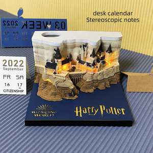 Cubos de papel con hojas de calendario, 2023 trucos de papel, calendario semanal, Castillo de Hogwarts