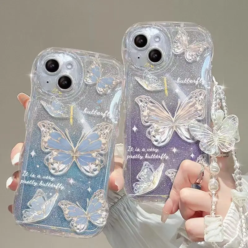 Grande Vague Bord Transparent Papillon Main Chaîne Conception Diamant Papier TPU Housse de Téléphone Portable Pour Iphone X Xr Xs Max