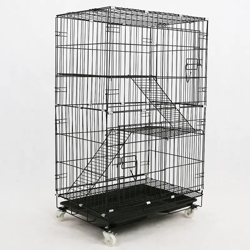 3 katmanlı kedi kafesleri kalın tel katlanabilir hamster çok kolu merdiven büyük tuzak ev kediler için veteriner pet kedi villa tekerlek ile