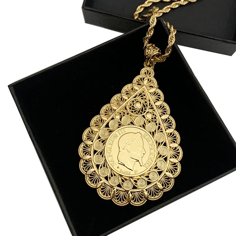 Vintage 1862 Napoleon III French Empire Metal Coin Pendant With Floral Engraving Design For Wedding Decoration Necklace