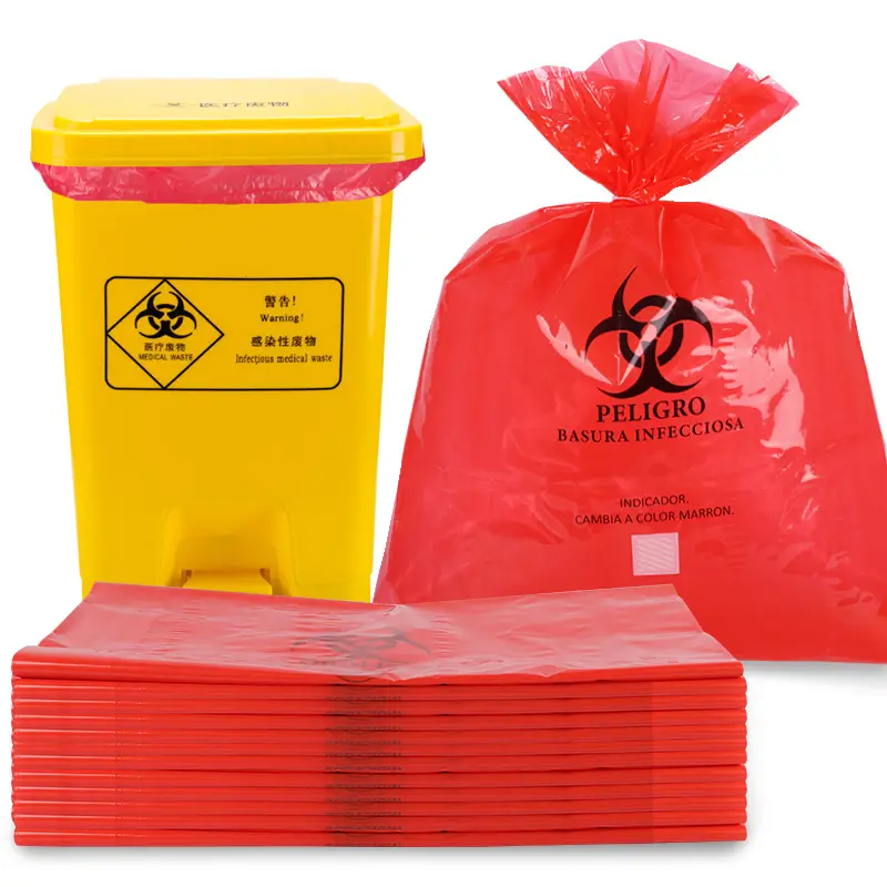 LDPE veya HDPE kalınlaşmak tıbbi çöp torbası düz açılış hastane Biohazard malzemeleri Medicals çöp kese atık bertaraf çantası