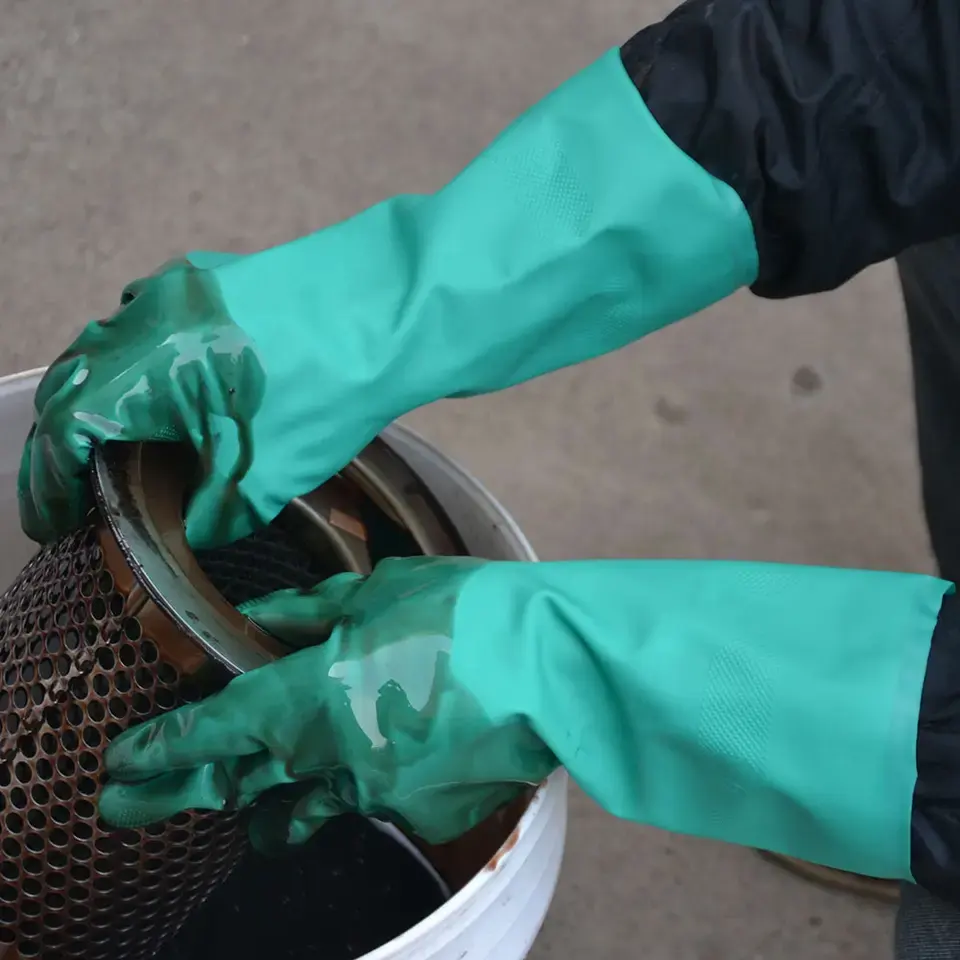 EN374 15mil guantes de procesamiento de alimentos domésticos industriales resistentes a químicos de nitrilo verde