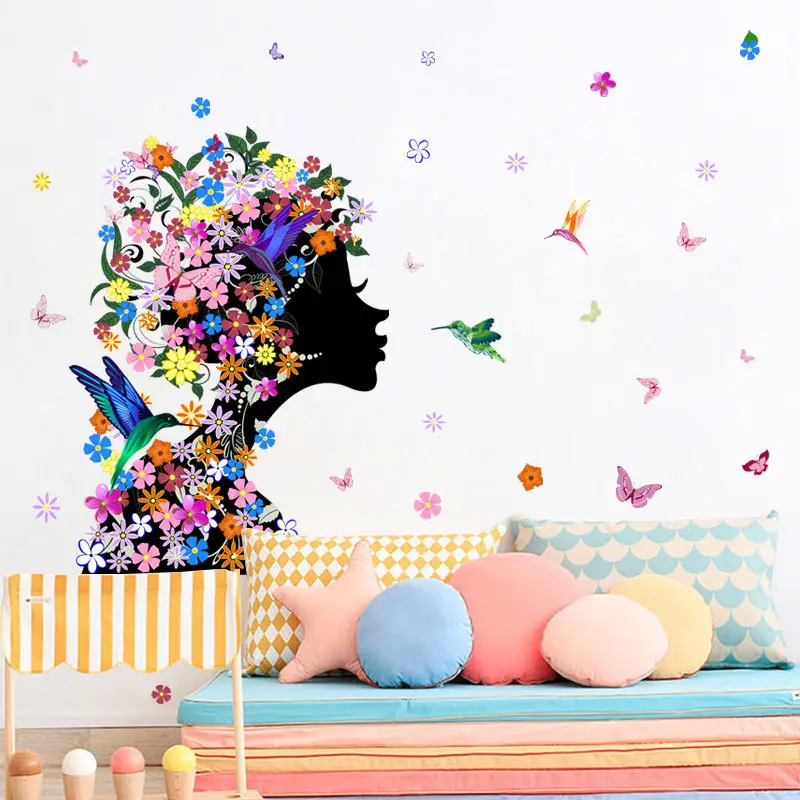 Flores de colores de pegatinas de pared Sexy cara papel de pared para dormitorio lindo pájaros mariposas pared creativa Decoración
