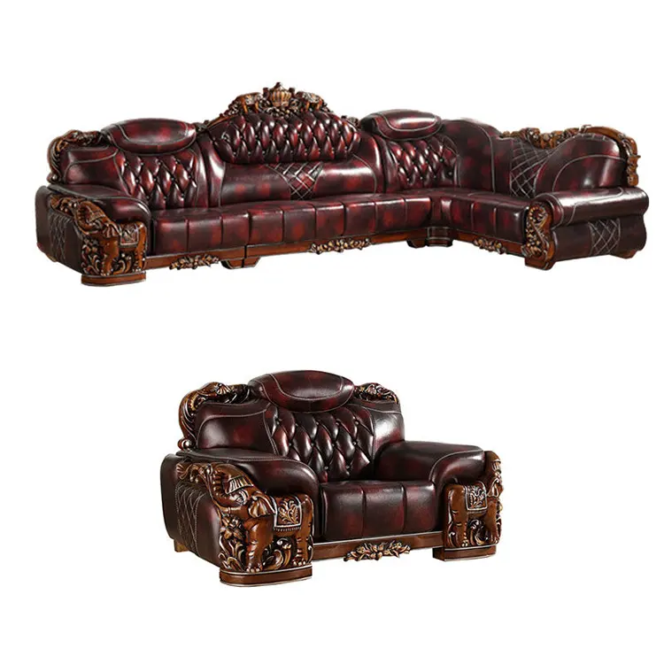 Haut de gamme de style européen français canapé en cuir canapé salon classique en bois massif coin chaise longue canapé chaise