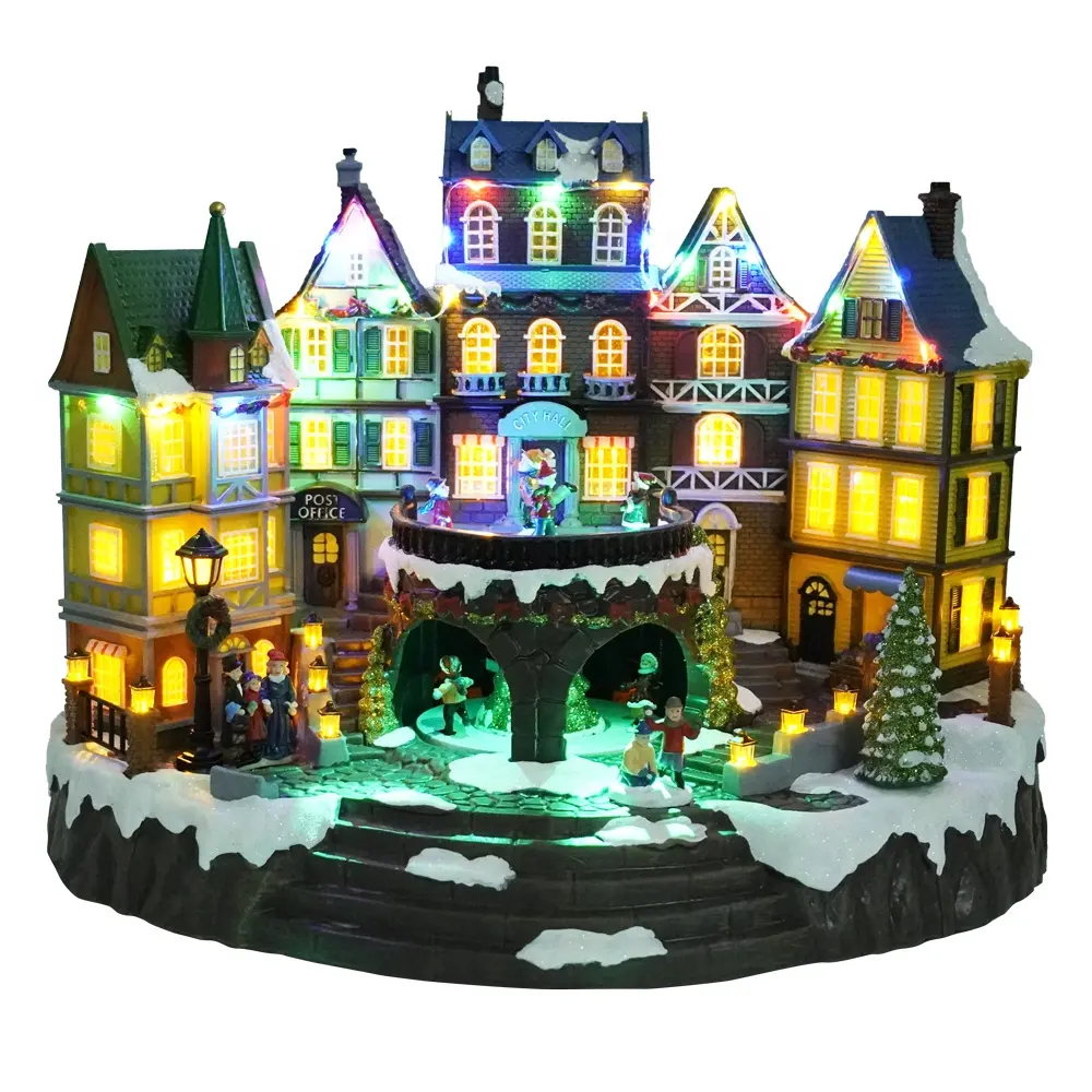 LED light-up animated with Turning Skaters musical Christmas village figurine for seasonal decor and gift