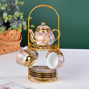 批发欧式下午茶套装可爱粉色陶瓷茶壶杯碟套装带金色架子 - Product Image 1