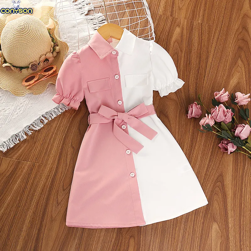 Conyson 신상품 맞춤 패션 디자인 키즈 소녀 패치 워크 버튼 의류 어린이 도매 캐주얼 옷 셔츠를 입으십시오 드레스
