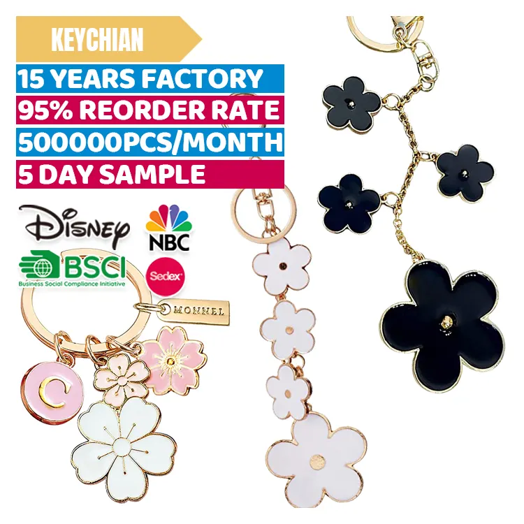 High Quality Soft Enamel Custom Logo Metal Brass Cartoon Cute Mini Flower Charm Keychain Mexican Key Chain