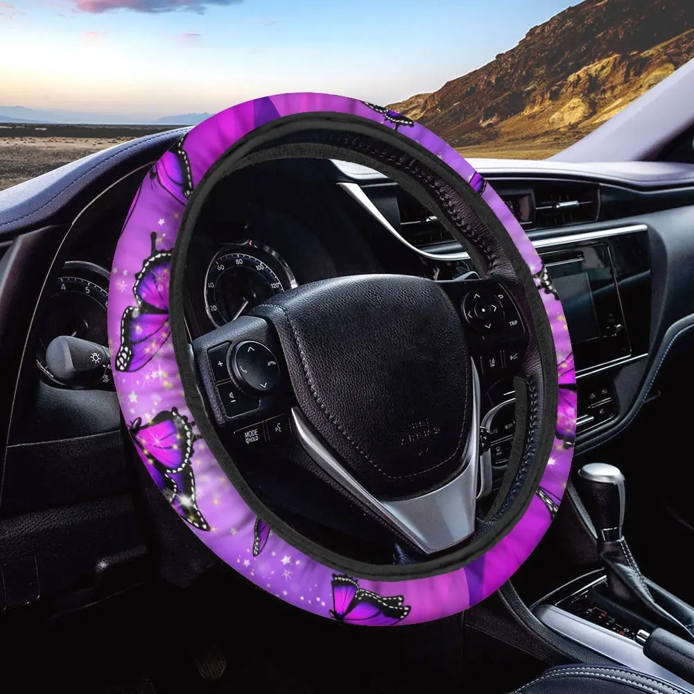 Accesorios para volante de coche para niñas, funda con estampado de mariposas, color morado y rosa, antideslizante, a la moda