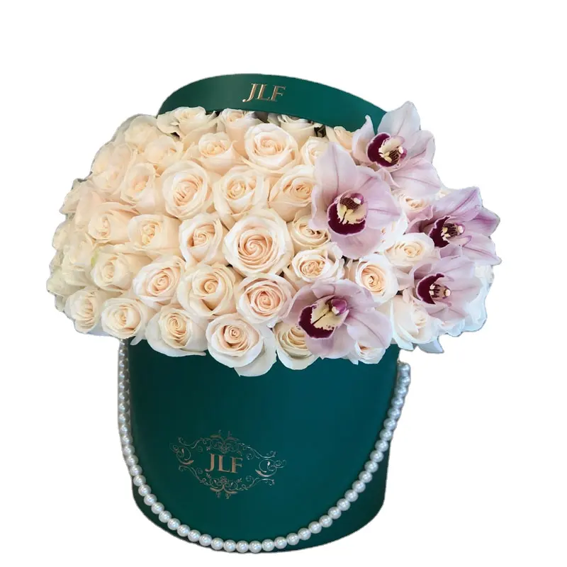 Contenitore di fiore del mazzo nuziale del contenitore di regalo della rosa del cappello rotondo del fiorista su ordinazione con la maniglia della perla