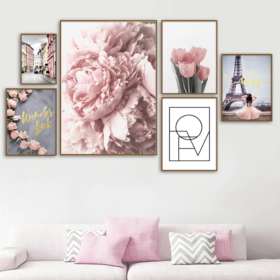 París-pósteres y impresiones de peonías, tulipanes, rosa, calle, nórdicos, cuadros de pared, paisaje, arte de pared, pintura en lienzo para decoración de sala de estar