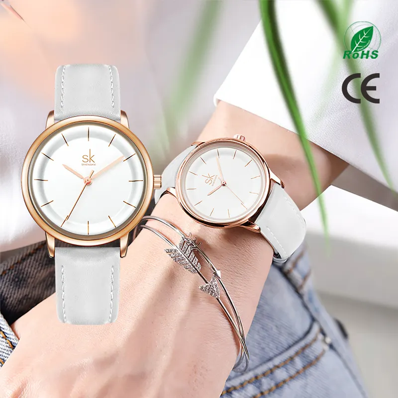 SHENGKE White Leather Strap No Number Dial Polishing Round Bezel Gold Quartz Custom Watch Luxury Watch Women