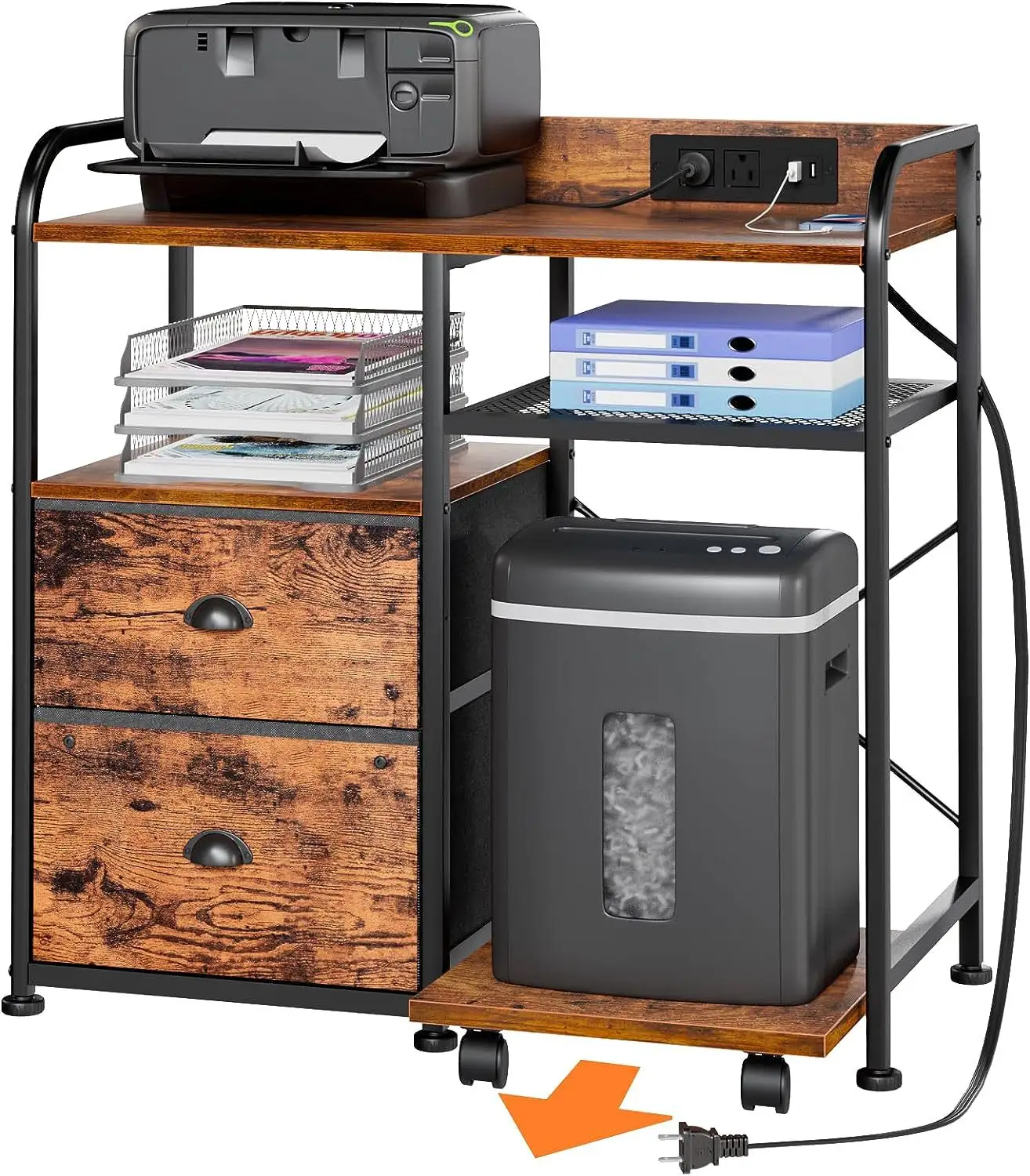 4 tier open shelves shredder shelf stand 2 drawers side file cabinet with power outlet Large printer stand