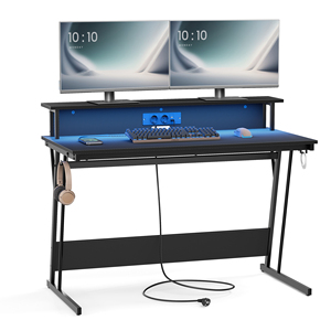 VASAGLE-Mesa RGB con superficie de fibra para juegos, escritorio con ganchos, mesa de juegos con tira de alimentación integrada - Product Image 1