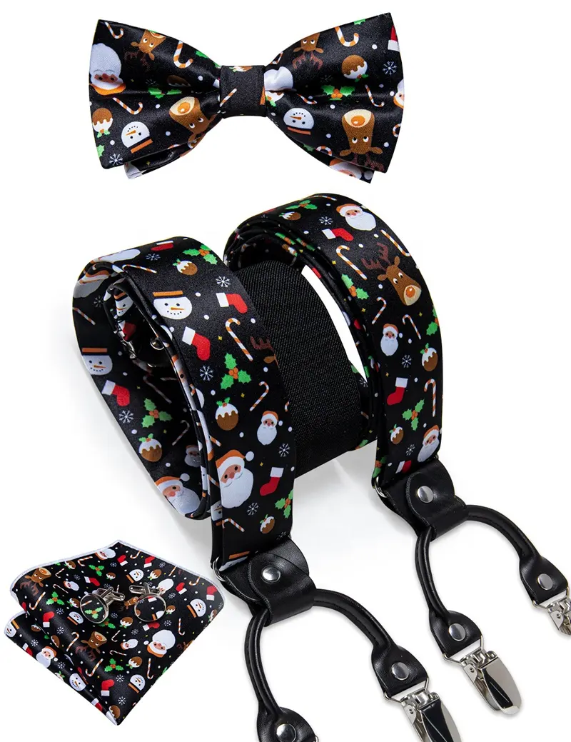 Set manset dasi kupu-kupu hitam dapat disesuaikan suspender elastis Pria Natal klip logam tali lebar kawat gigi belakang Santa Y pohon Natal