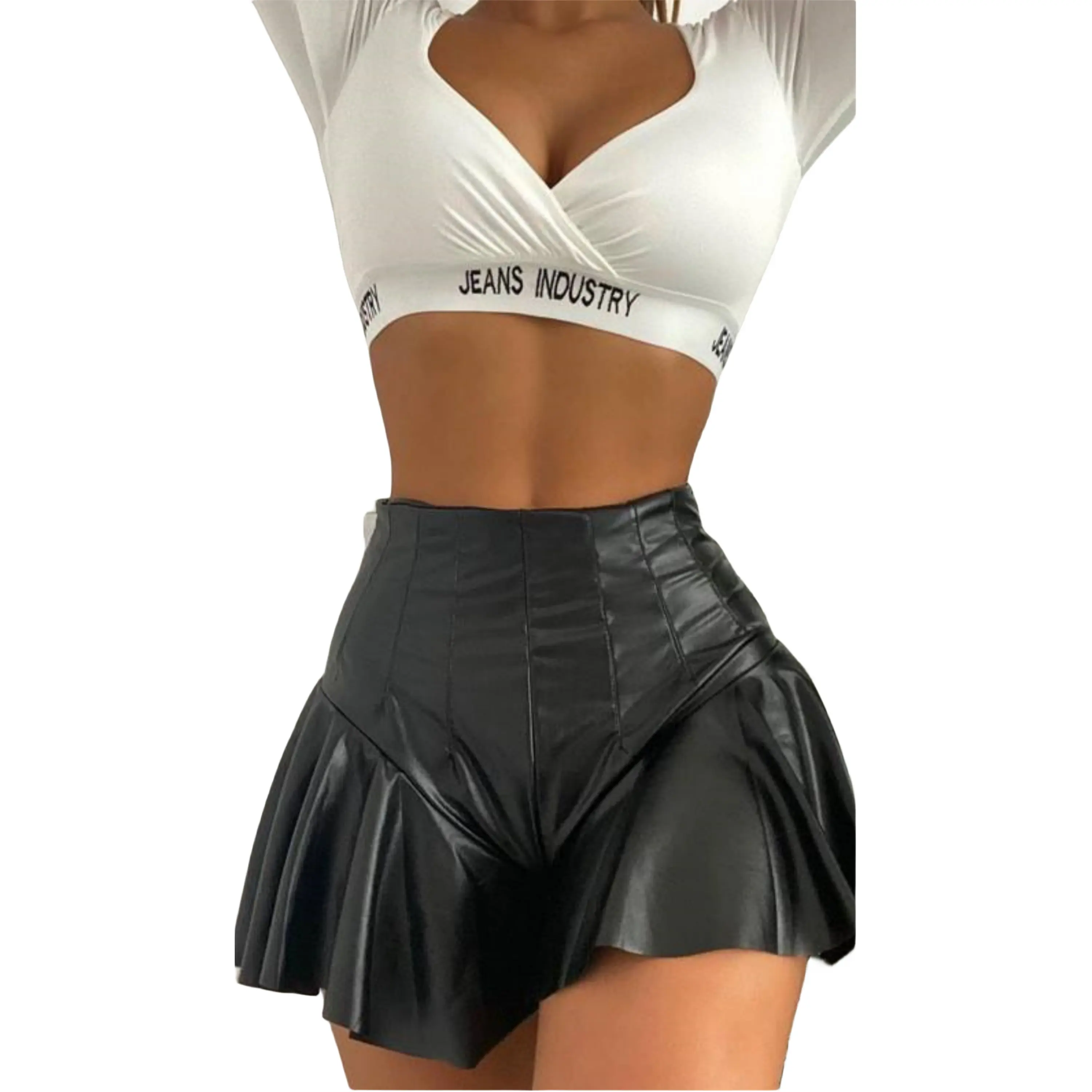 Sexy Frauen Kunstleder High Waist Minirock Pu Leder Falten rock