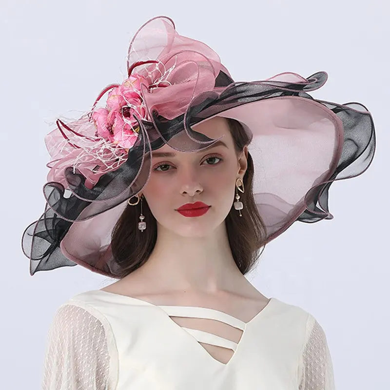 2024 grosir topi gereja tepi lebar pesta pernikahan kualitas tinggi topi Atasan Wanita Fascinator untuk gaun