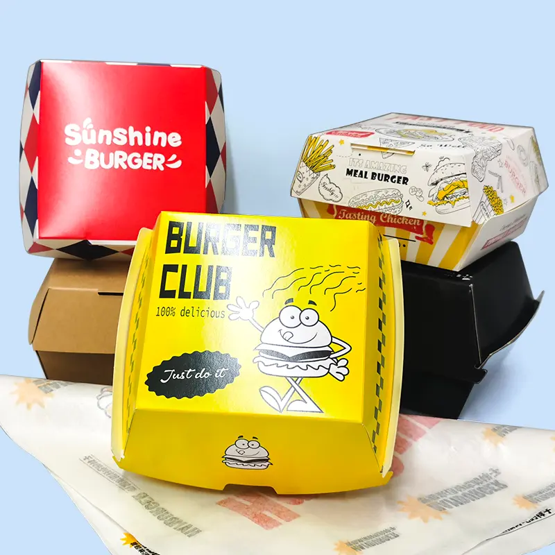 Özel Logo sandviç patlamış mısır sıcak köpek kağıt torba kızarmış tavuk yemek kabı Hamburger Burger kutusu baskı Fast Food markalı ambalaj