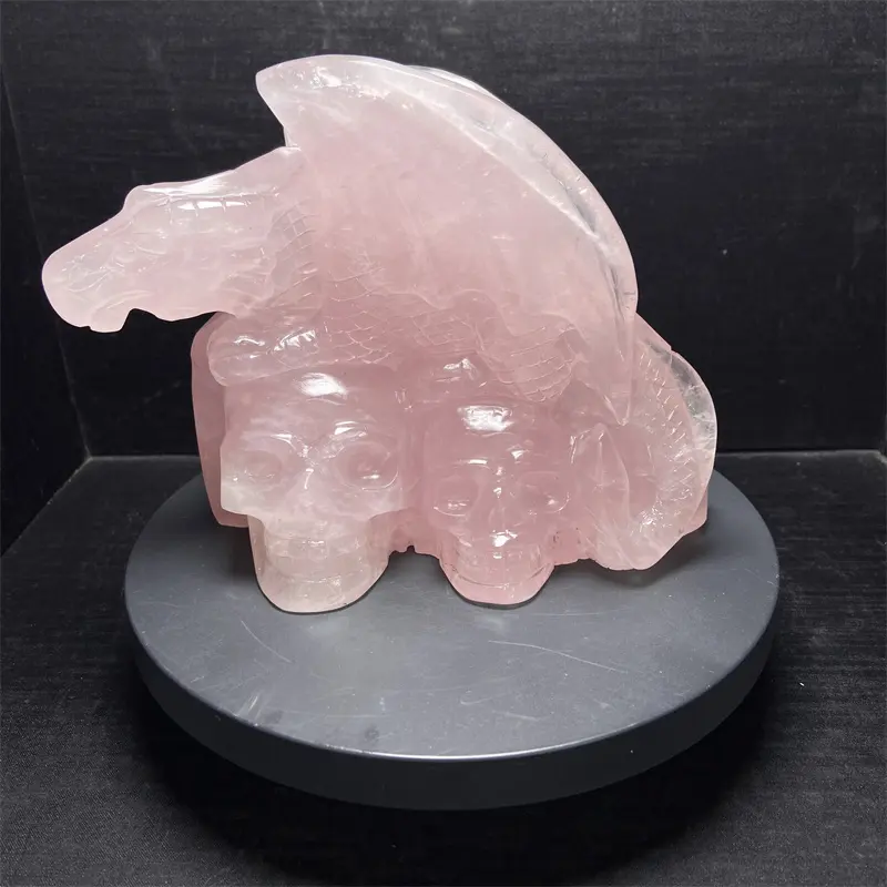 Venta al por mayor de piedras preciosas talladas en cristal de cuarzo rosa calaveras dobles con Pterosaurio para Decoración