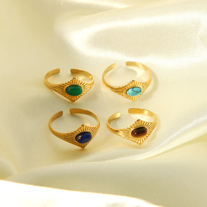 Vintage New Lapis Lazuli <strong>Turquoise</strong> Inlaid Natural Stone Open Finger Rings Trendy Stainless Steel 18K Gold <strong>Plated</strong> Adjustable Ring - Product Image 2