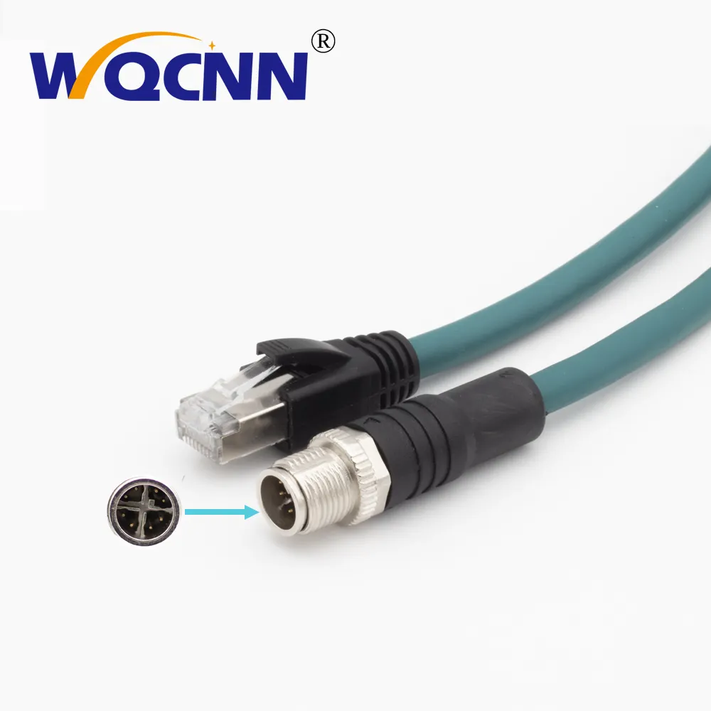 M12 ke RJ45 kabel Ethernet industri IP67, kabel jantan tahan air panjang 1M/3,28 kaki M12 Kode D 4pin