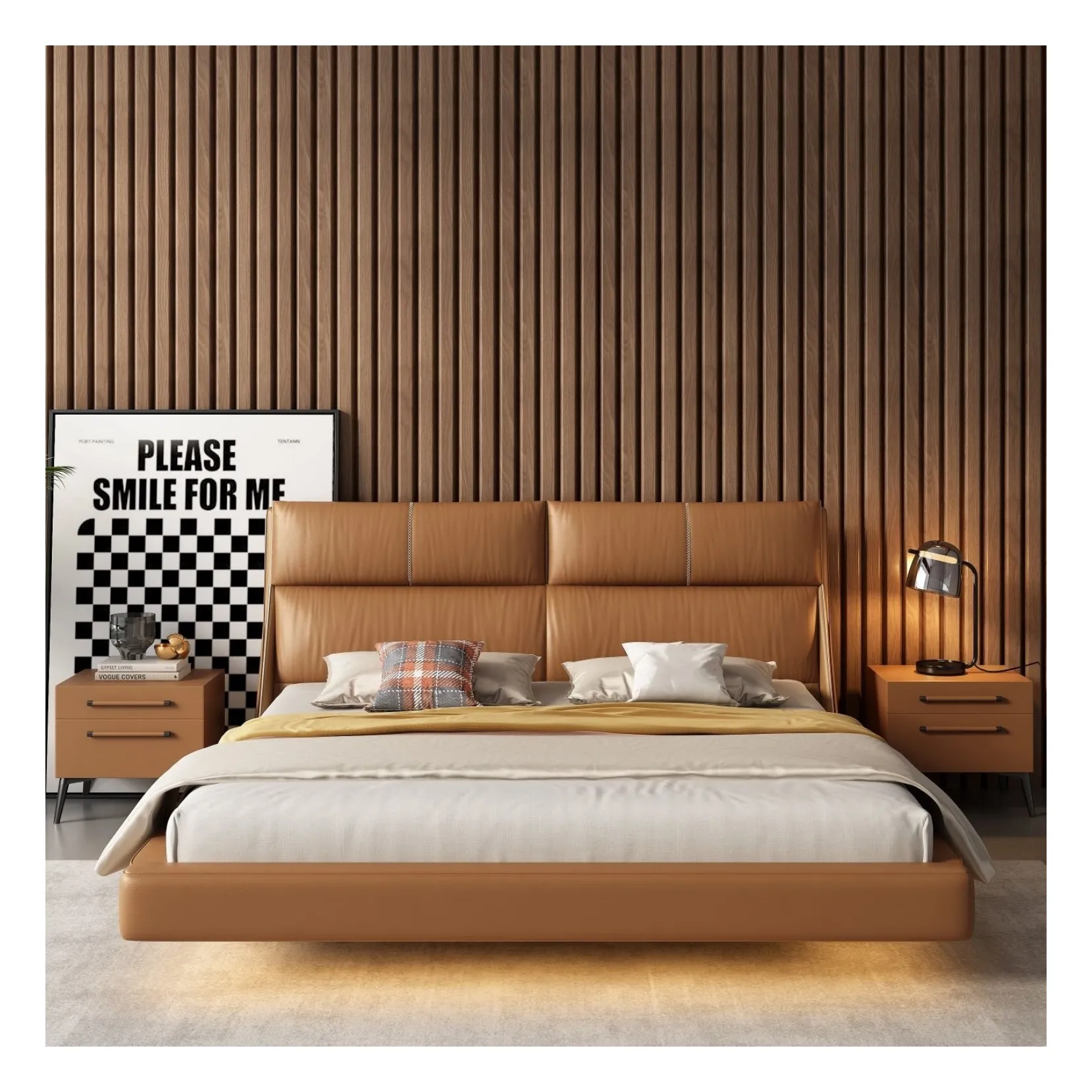 الأكثر مبيعًا سرير معلق على الطراز الإيطالي كريم سرير مزدوج من الخشب الصلب غرفة نوم من الجلد المنجد