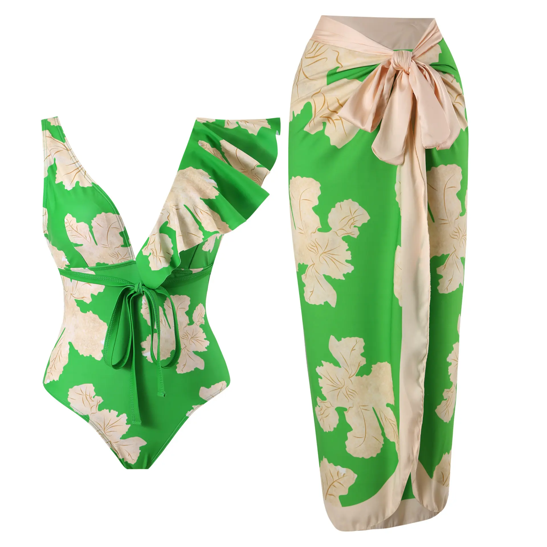 Beach swim wear sarong estate 2023 nuovo prodotto stampa costumi da bagno interi con gonna cover up