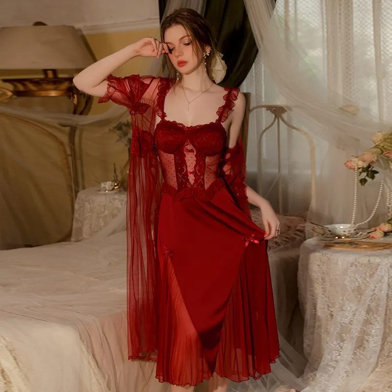 sexy luxury sleepwear padded cup lace trim long night gown and mesh robe home clothing set GR3382