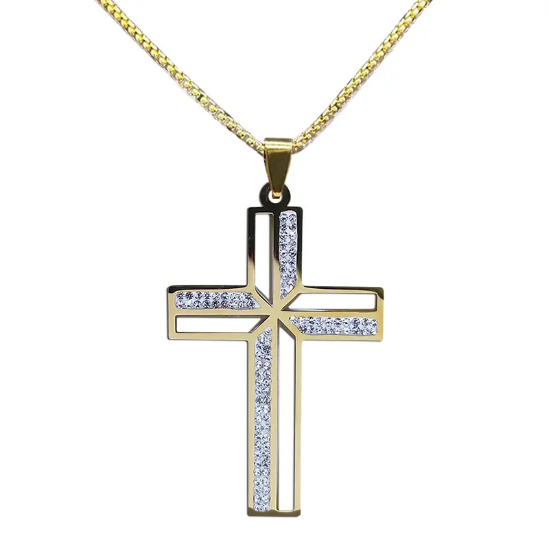 Collar de Cruz de crucifijo católico Color dorado Acero inoxidable cristiano Jesucristo collares joyería masculina Cordao Masculino