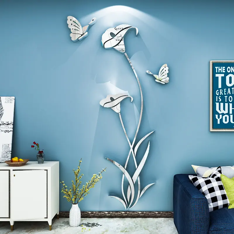 Hermosa flor de lirio de colores mariposa vinilo pegatinas de pared para decoración de la sala de estar