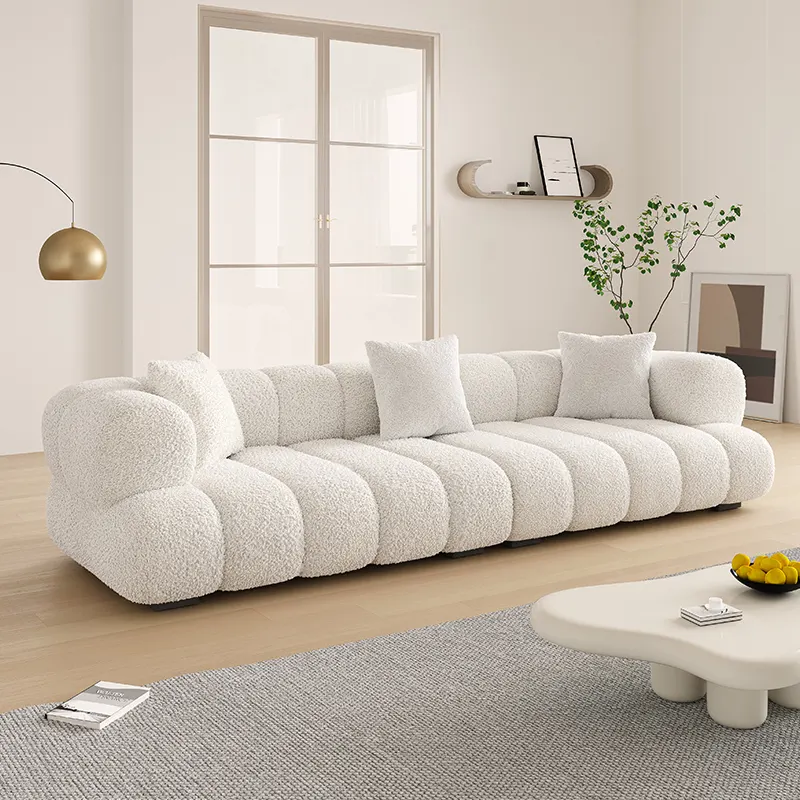 Sofá de tecido de veludo simples, sofá quadrado nórdico de 3 assentos em creme branco e de luxo para sala de estar