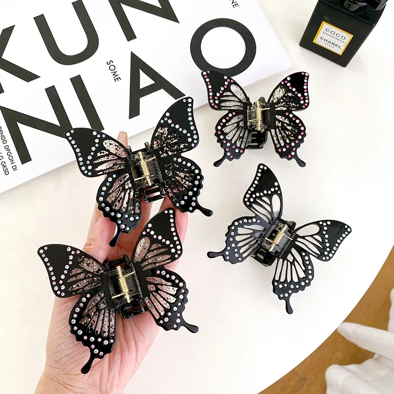 New Arrival Girls Bling Rhinestones Diamond Butterfly Hair Claws Acetate Sweet Crystal Black Hair Claw Clips Accessories