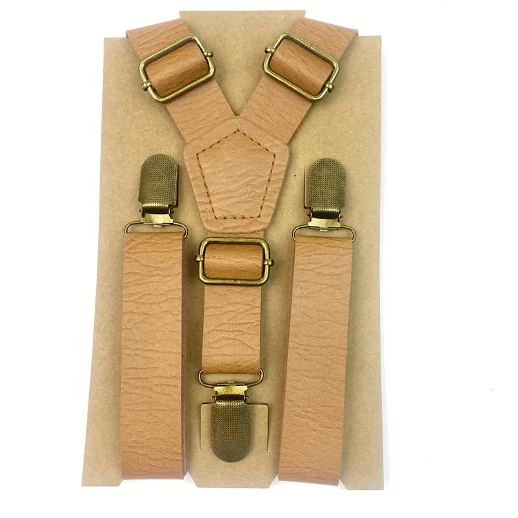 Benutzerdefinierte Luxus vintage tan Leder Einstellbare Hosen Messing oder silber 3 clip Hosenträger für herren