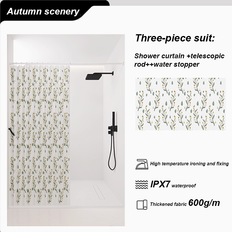 Autumn scenery-shower curtain+Telescopic rod-water retaining bar