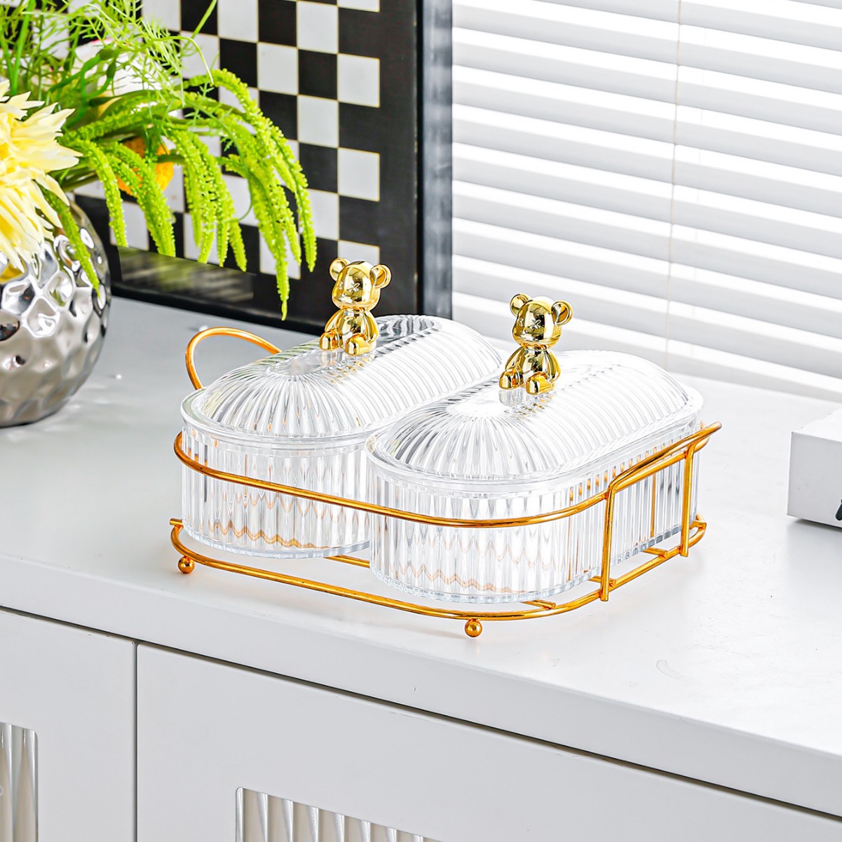 Bear Gold Stand - Transparent Large Oval Plate - 2 Compartments