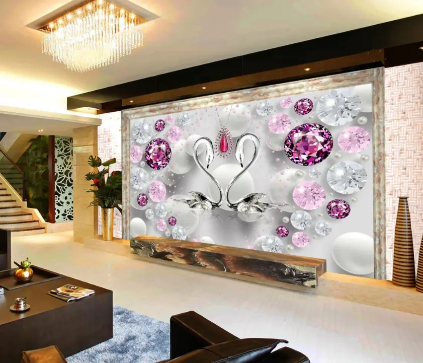 ZHIHAI 3D كريستال الحب الماس سوان جدارية غرفة المعيشة التلفزيون حائط الخلفية 3d ورق حائط بجودة عالية 1080p
