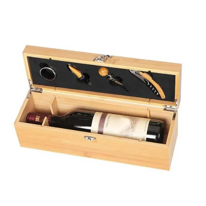 Caja de vino con 4 accesorios para vino, regalos de vino para hombres y mujeres, caja de almacenamiento de bambú, juego de herramientas