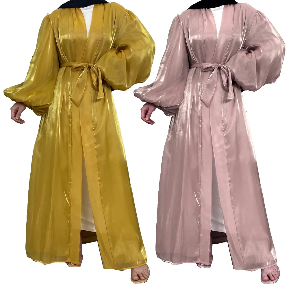 Dubai khiêm tốn Dresses mở abaya 2023 hồi giáo quần áo Arabic sáng bóng satin viền thời trang hồi giáo Ăn mặc
