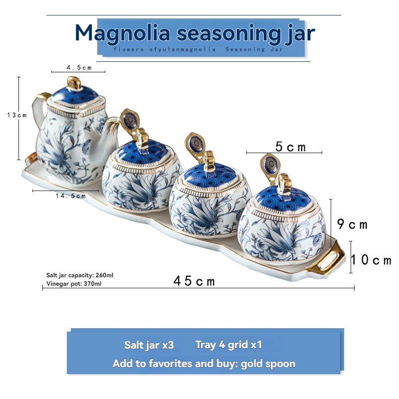 Blue+White-1 Seasoning Pot + 3 Seasoning jar + Tray + 3 Spoons