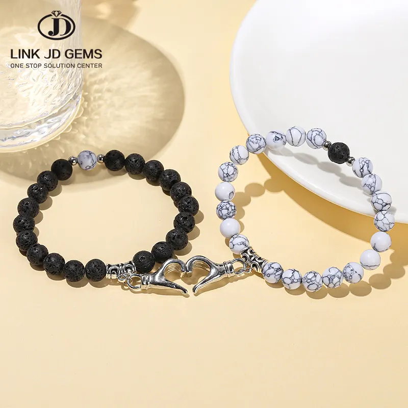 JD GEMS Bracelets de couple à breloques magnétiques en forme de coeur Bracelet de perles de pierre de lave turquoise blanche naturelle pour cadeau d'amant