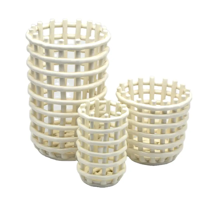 Eco-friendly Handmade Nordic Modern Woven Ceramic Basket Bowls Eco-friendly Porcelain Fruit Basket Set of 3 for home hotel